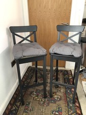 Matching Pair of Black Ikea Ingolf High Stools with Malinda cushions