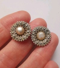 Vintage Sterling Silver Faux Pearl And Marcasite Earrings *Worn* R80H