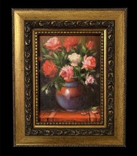 Original Oil Painting Flowers Roses With Ornate Frame