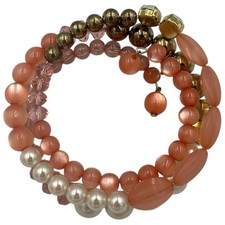 Signed NALI Peach PINK Gold Faux Pearl Beaded Wrap Around BANGLE
