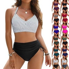 2PCS Women High Waist Bikini Set Summer Lace-up Padded Bra Bathing Swimsuit SIZE