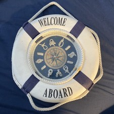 Welcome Aboard Life Buoy Rope Knots Compass Wall Clock Blue White Nautical