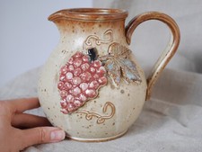 Vintage Studio Pottery Folk Art Jug, Grapes Motif Pitcher, Rustic, Signed JP