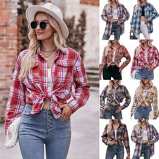 Women's Long Sleeve Check Plaid Flannel Button-Up Shirt Chest Pocket Oversized