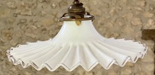 Vintage French pleated opaline glass ceiling light shade coolie white + fittings