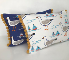 seagull Cushion Covers Blue Stripe Coastal Beach Nautical Fabric with Pom Pom