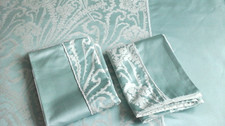 DUNELM Mint Green Satin Brocade/Lace Trim King Size Duvet Cover & 2 Pillowcases