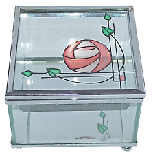 Glass Trinket Box w Lid Rennie Mackintosh Style Internal Mirror L8 x W8 x H5.5cm