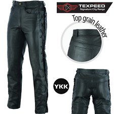 Mens Black Laced Soft Cowhide Leather Motorcycle Motorbike Biker Jeans Trousers