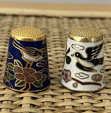 2x Cloisonne Enamel Thimbles Enamelled Birds Floral White Blue