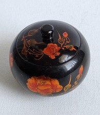 Vintage Asian Chinese Lacquer Round w Lid Jewelry Trinket Box Bowl Roses