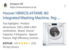 Hoover HBWOS69TAME 9kg 1600 Spin Washing Machine integrated Ex Display Brand New