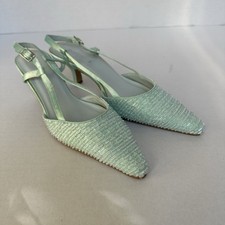 Barratts Size 2 Mint Green Beaded Occasion Sling Back Kitten Heeled Shoes BNWT