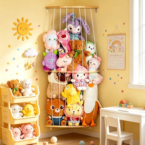 Wooden plush toy storage shelf - wooden,