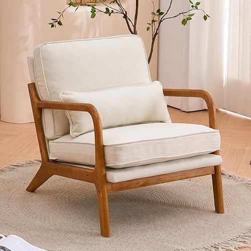 Beige linen armchair with oak - armchair,