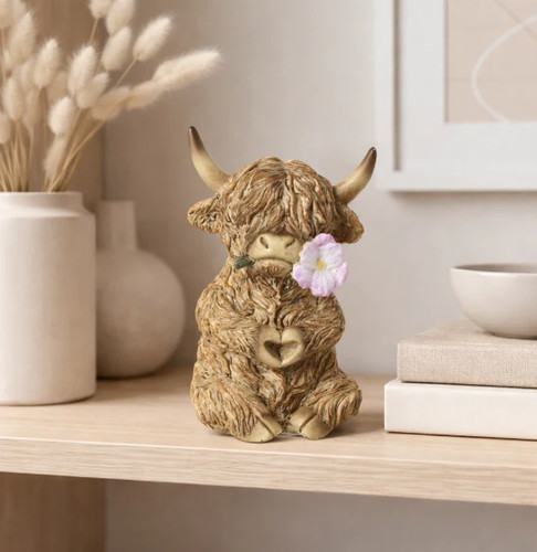 Resin highland cow with flower - resin,