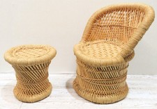 Children’s Chair & Stool Set Handwoven Natural Cane & Jute Wicker Style -P9