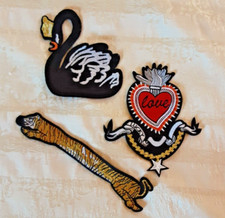Job Lot -3 Large Iron & Sew on Fabric Badge Patch Motif - Tiger, Love Heart Swan