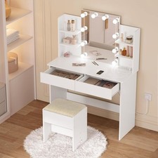 Modern Dressing Table with Mirror 10 Dimmable LED Bulbs 2 Drawers & Power Strip