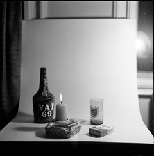still life w VAT 69 cognac, Marlboro cigarette, vintage fine art negative 1960's