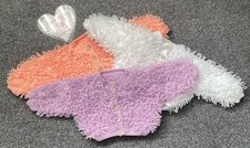 Three hand  knitted  Baby loopy Cardigans white, lilac and peach 9-12 mths