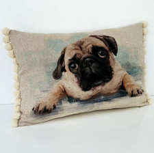 Pug Dog Pom Pom Bobble Bolster Cushion Cover Linen Look Fabric Accent Pillow