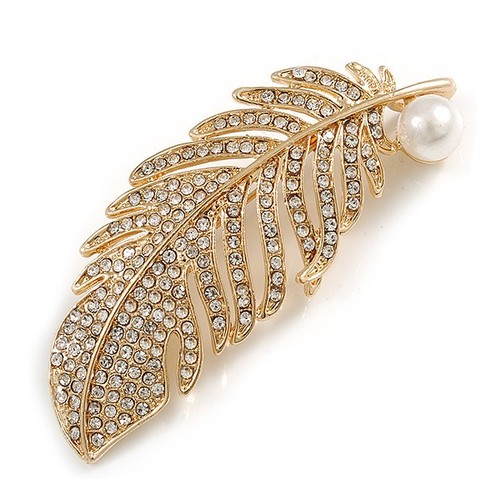 Crystal feather brooch - crystal, brooch/