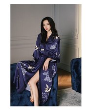 New Satin Chinese Japanese Dark Blue Heaven Crane Kimono Dressing Gown Bath Robe