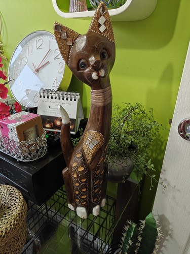 Tall handmade wooden cat - wooden,