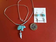 Turquoise Bear &  Feather Jewellery on liquid silver chain - earrings OR necklac