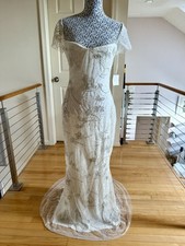 REEM ACRA 8 (10) White Sheath Tulle Beads Bustier Short Sleeves Wedding Dress