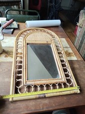 Vintage Bamboo Arched Wall Mirror Italian Riviera Rattan Woven Cane c.1950s