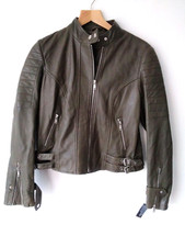 EX  M&S , Per Una Short ,Fitted Leather Biker Jacket in Dark Olive/ Khaki UK 14