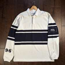 Quba & Co Heavyweight Rugby Shirt White Blue Stripe Elbow Patches Mens XL Cotton