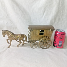 HEAVY VINTAGE 12" LONG SOLID BRASS HORSE & GYPSY TRAVELLER TYPE CARRIAGE CARAVAN