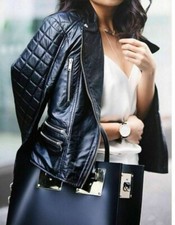 ZARA BLACK LEATHER JACKET QUILTED BIKER JACKET COAT WITH ZIP SIZE S  NEW