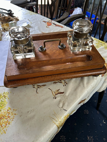 Wooden desk inkwell - wooden, glass
