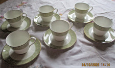 6 x Vintage Royal Doulton 'Sonnet' Gold Green Band Tea Cup And Saucer Duos