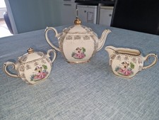 Sadler Cube Gilt Chintz Crinoline Lady Pinkie Teapot Set Sugar Basin Milk Jug