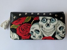 Banned Skull & Roses Purse Wallet Black with Metal Zip & Studs 8x4in Brand New