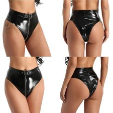 Womens PVC Leather Front Zipper Briefs Underwear Thong Panties Knickers Lingerie