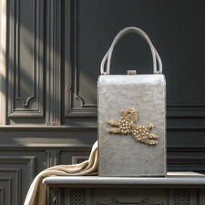 1950's Wilardy Lucite Pearlized Grey Purse Handbag Faux Pearl Rhinestone Poodle