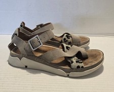 CLARKS Grey And Animal Print TRIGENIC LEATHER FLAT SANDALS UK 3 D