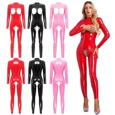UK Womens Catsuit Hollow Out Bodysuits Patent Leather Jumpsuit Bodycon Lingeries