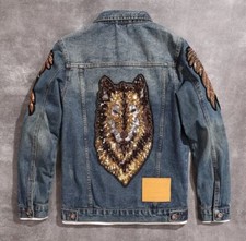 New Men Luxury Wolf Sequins Rhinestones Wings Fashion Jeans Jacket High Quality