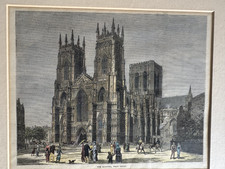 Vintage Antique Colour Engraving of York Minster South West Front