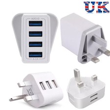 UK Mains Wall 3 Pin Plug Adaptor Charger Power 4 USB Ports for Phones Tablets CE