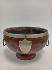Antique Oak and Silver Plated Bowl with Lion Head Handles and Shield
