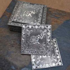 Set Of 6 Silver Embossed ELEPHANT DESIGN Square Drinks Coaster Set And Holder UK