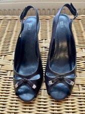 M&S DARK BROWN LEATHER WEDGES SANDALS SLINGBACK CORK HEEL UK 6 BOW DETAIL